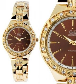 Damenuhr Quarz Armbanduhr Braun Gold Kristallbesatz F511 - 002y Q&q By Citizen
