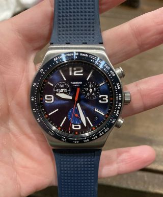 Swatch Chrono Blue Grid Watch Yvs454 Stainless Rubber Band Chronograph 43mm