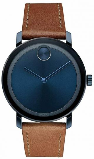 Movado Swiss Bold 40mm Blue Dial Brown Leather Strap Men 