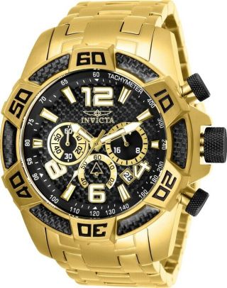 Invicta 50mm Men Pro Diver Scuba Chrono Black Carbon Fiber 18k Gold Plated Watch