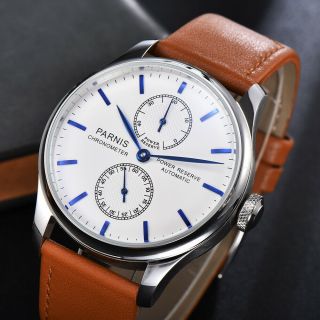 43mm Parnis White Dial Leather Strap Power Reserve Seagull Automatic Mens Watch