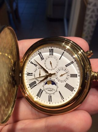 Rotary Swiss Quartz Gold Plated Moon Phase Pocket Watch