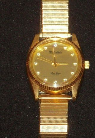 Vintage Lucien Piccard Dufonte Mens Gold Tone Faux Diamond Watch (japan)