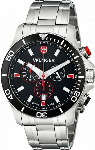 Wenger Swiss Quartz Chronograph Black Dial Stainless Steel Men 