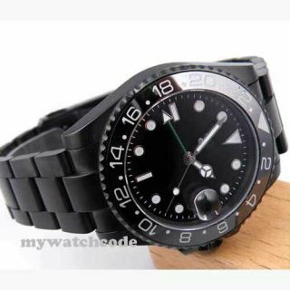 40mm Bliger Black Sterile Dial Gmt Sapphire Glass Automatic Mens Watch Pvd Case