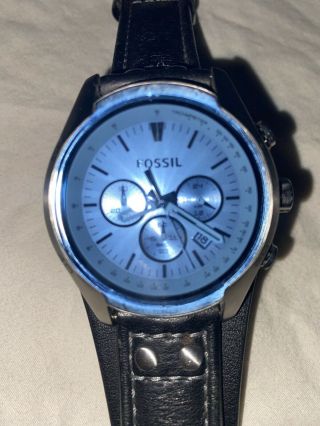 Fossil Ch2564 Blue Glass Chronograph Black Leather Strap Men 
