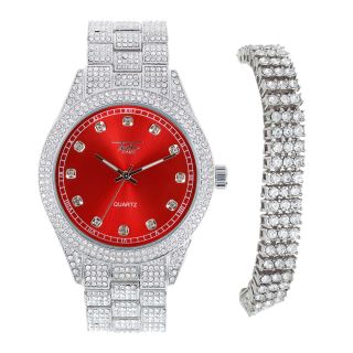Mens Silver 43mm Iced Out Red Dial Watch With 12mm 3 - Row Tennis Bracelet