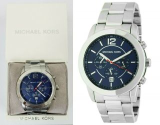 $275 Michael Kors Mens Blue Dial Stainless Steel Chronograph Quartz Watch Mk8477
