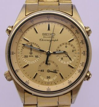 1987 Seiko 7a28 - 7029 Quartz Chronograph Mens Gold Plated Watch W Bracelet = Read