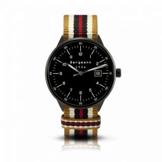 Bergmann Uhr 1956 Schwarz Gold - Weiß - Schwarz - Rot Nato - Textilarmband