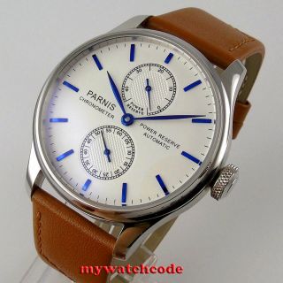 43mm Parnis White Dial Blue Marks Power Reserve St2542 Automatic Mens Watch