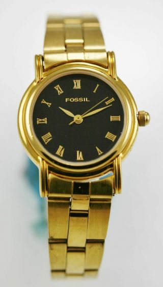 Fossil Watch Women Gold Stainless Steel Water Resistant 30m Battery Black Quartz