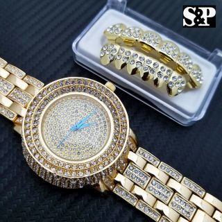 Men Hip Hop Iced Lab Diamond Watch & Full Gold Pt Grillz Gift Combo Set
