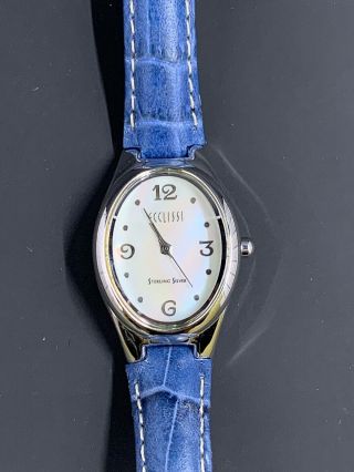 Ecclissi Watch.  Sterling Silver Case.  Blue Leather Band.