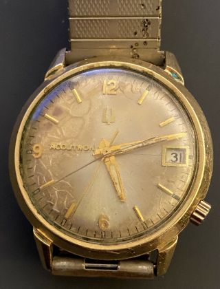 Vintage 1969 Bulova Accutron 218 14k Gold Filled Mens Date Watch Running Strong