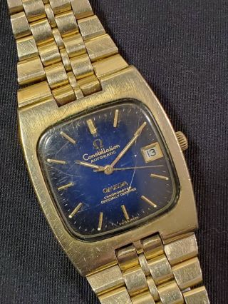 Vintage Omega Constellation Automatic Wristwatch Blue Black Tv Dial 14k Gf
