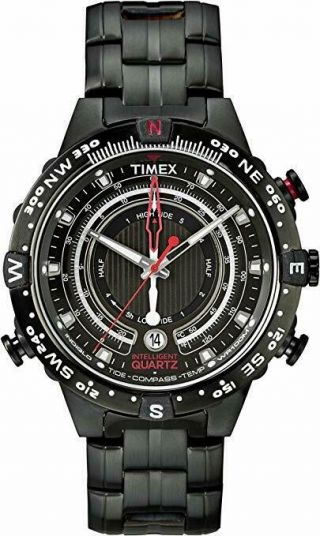 Timex Iq Tide Temp Compass Black Dial Black Ion - Plated Mens Watch T2p140