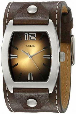 Guess G66552g Brown Leather Cuff Strap Brown Dial Stainless Steel Case Wacth