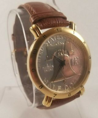 Brittania Half Dollar Watch | Bm685 | Liberty Bell | Gold Tone | Brown Leather