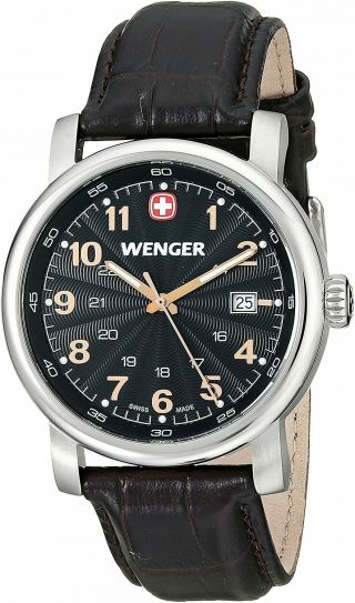 Wenger Urban Classic Swiss Quartz Black Dial Leather Strap Men 