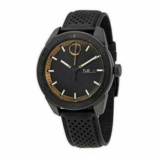 $550 Movado Bold Mens Black 43mm Dial Black Ip Leather Band Swiss Watch 3600478
