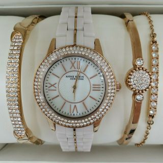 Anne Klein Ceramic Rose Gold Crystal Watch And 3 - Bracelet Set 12/2298rgst