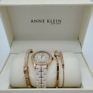 Anne Klein Ceramic Rose Gold Crystal Watch and 3 - Bracelet Set 12/2298RGST 2