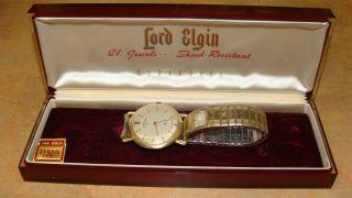 Vintage Lord Elgin Mens Wrist Watch.  14 Kt Gold.  Box And Case