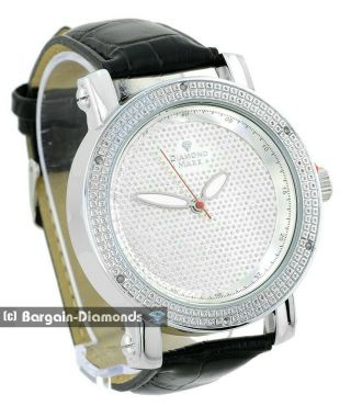 Mens Diamond Silver Tone Business Clubbing Watch Bling Dial Black Leather Strap
