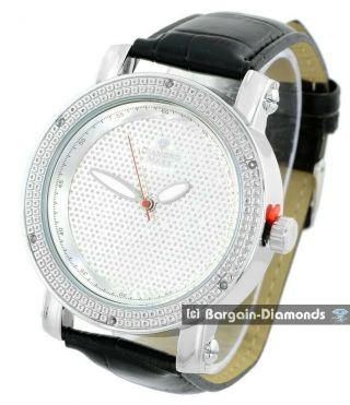mens diamond silver tone business clubbing watch bling dial black leather strap 2