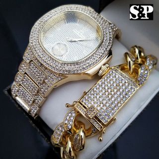 Mens Hip Hop Quavo Gold Pt Luxury Watch & Full Iced Cuban Bracelet Combo Set