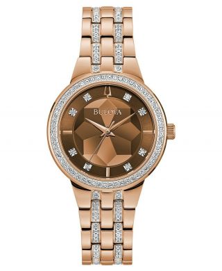 Bulova Crystal Accent Brown Dial Rose Gold Stainless Steel Ladies Watch 98l266