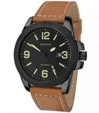 Sekonda 1062 Gents Black Case Brown Leather Strap 50m W/r Watch Rrp £69.  99