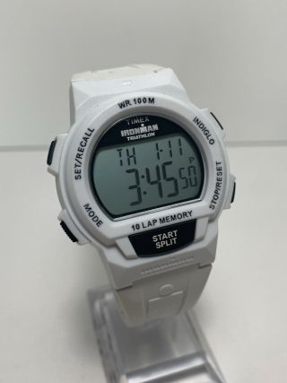 Vintage Timex Ironman Triathlon 10 Lap White Watch Digital Alarm Chrono Indiglo