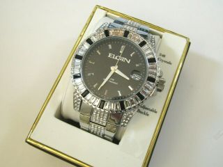 Elgin Men " S Stainless Steel Watch With Swarovski Crystals Gift Box Fg160022