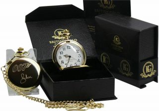 Roger Moore Signed 24k Gold Clad James Bond 007 Pocket Watch And Chain Set