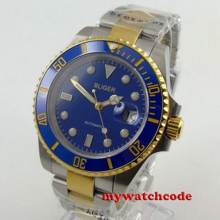 40mm Bliger Blue Dial Ceramic Bezel Golden Case Date Automatic Mens Watch B122