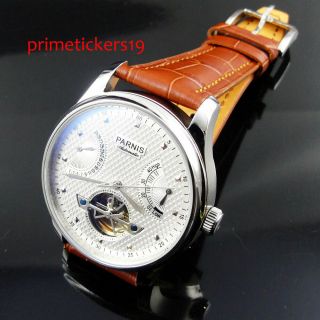 Parnis Hollow 43mm Self Winding Men Watch Power Reserve Indicator Date Leather