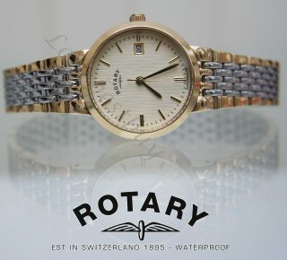 Rotary Watch Ladies Two Tone Gold Plated Self Adjust Bracelet Great Gift Boxed