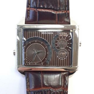 Sekonda 3820 Gents Rectangular Dual Time Watch W/ Brown Croc Leather Strap