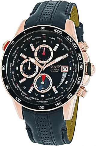 Aviator Mens Black Leather Strap Chrono Wristwatch F - Series - Avw8974g139 Bnib