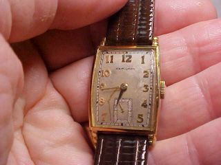 Vintage Mans Hamilton Rectangular Myron Model Wristwatch 980 17j 10kt Gf Case Ru