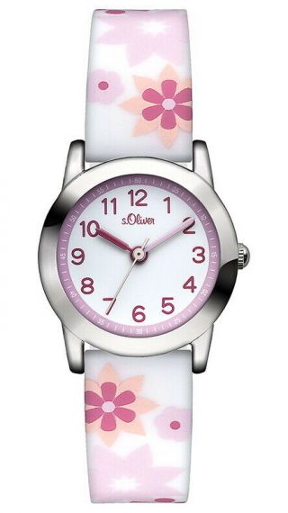 S.  Oliver Mädchen Silikon Armbanduhr Pink Rosa Weis Blumen So - 2898 - Pq