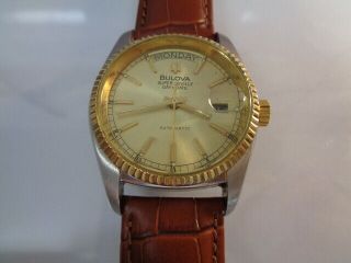 Bulova Seville Mens Watch Day & Date Automatic Gold Dial Leather Br