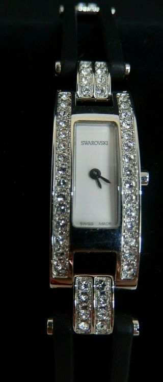 Swarovski Watch Crystal Rhodium Plate Black Silicone Strap 7.  25 " Battery W30