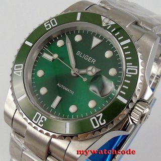 40mm Bliger Green Dial Ceramic Bezel Nh35 Automatic Mens Watch Sapphire Glass