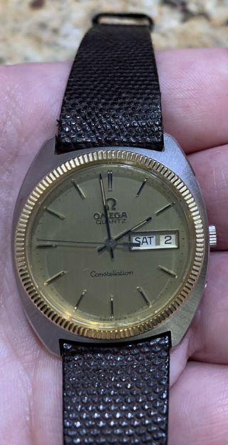 Men’s Omega Constellation Filled Gold & Stainless Steel Watch On Brown Leather