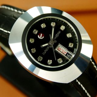 Authentic Rado Diastar Day Date Black Dial Stainless Steel Automatic Mens Watch