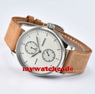 43mm Parnis White Dial Leather Power Reserve St2542 Automatic Mens Watch P683