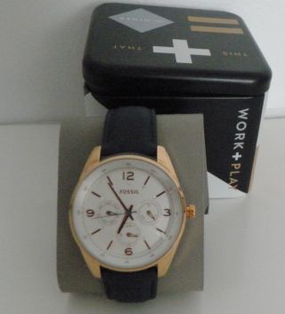 Nwt Fossil Rose Gold Chronograph Crystals Watch Navy Leather Strap Bq3141